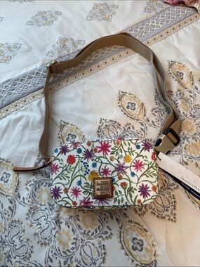 Dooney & Bourke White Floral Crossbody Belt Bag with Multicolor Embroidery